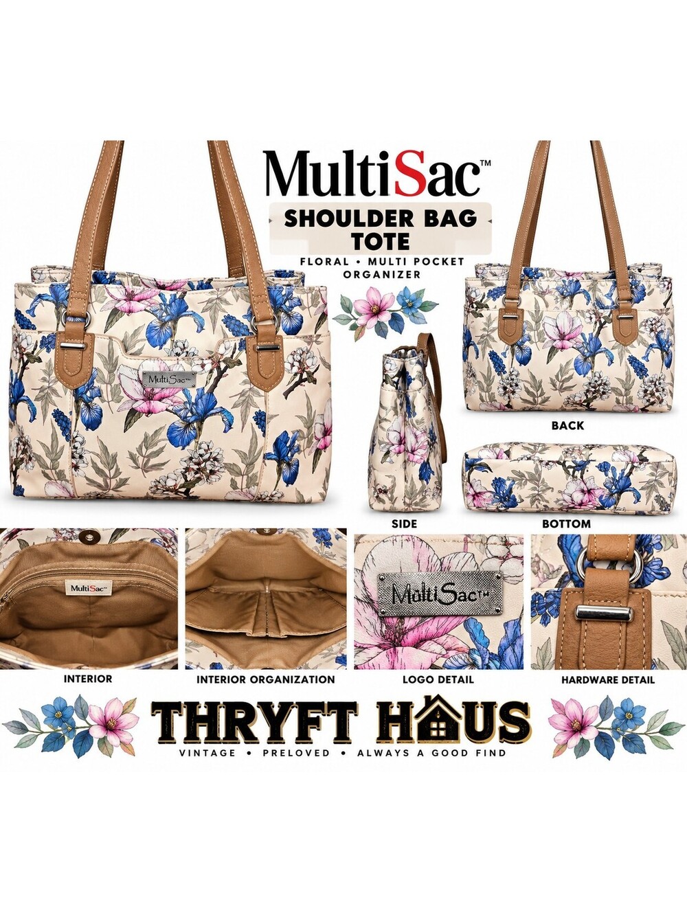 MultiSac Floral Shoulder Tote Bag with Multi Pocket Organizer